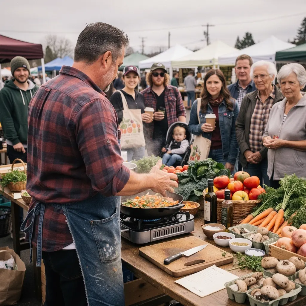 Традиционные блюда американской кухни, выставленные на уличном фестивале еды.