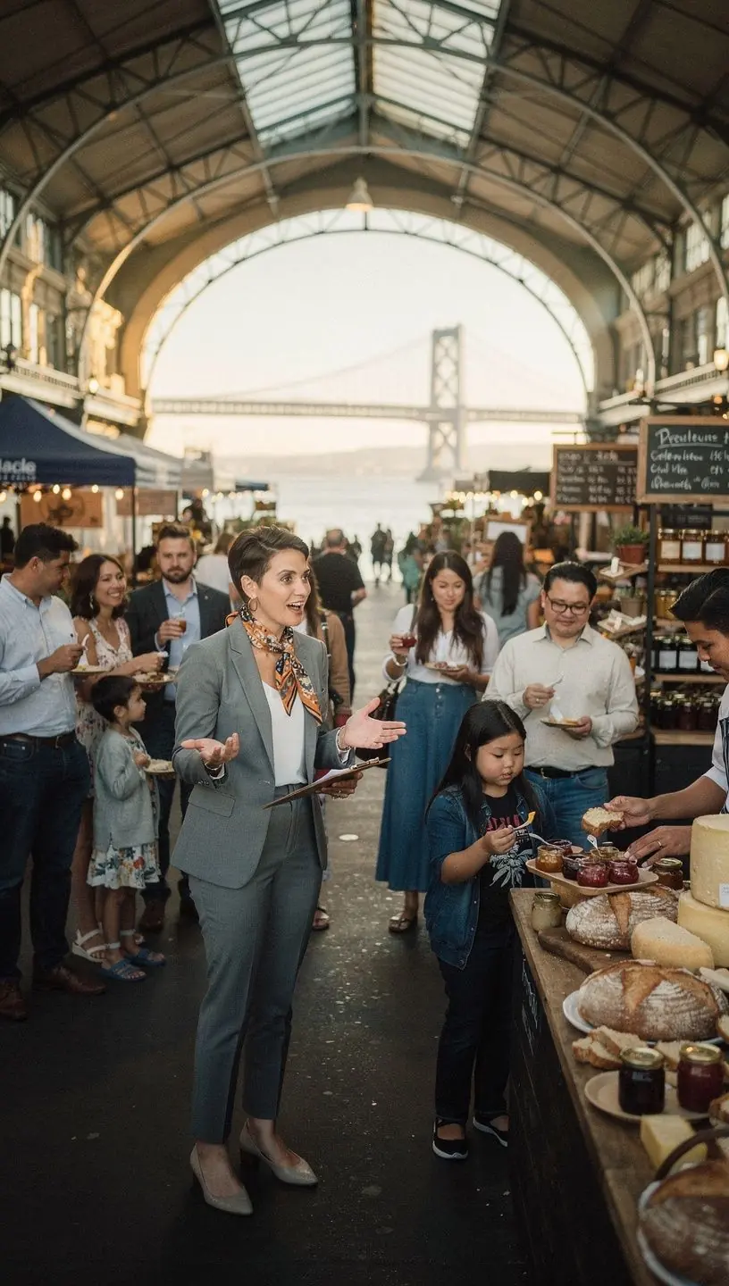 Солнечный день на рынке, где люди выбирают свежие морепродукты и специи.